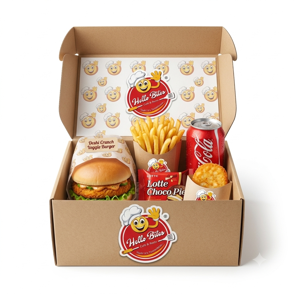 Veg Meal Box - Deshi Crunch Burger + Fries + Choco Pie + Hashbrown + Coke